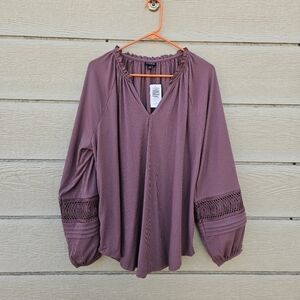 NWT Torrid textured jersey v neck crochet long sleeve top Rose Taupe size 1 1X